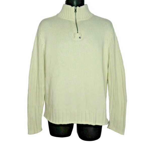 Vintage Ralph Lauren Polo Jeans Co Mens L Ivory White 1/4 Zip Pullover Sweater - Picture 2 of 9